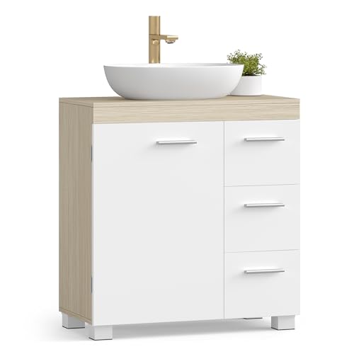 VASAGLE Under Sink Bathroom Cabinet, Storage Cabinet with Feet, 3 Drawers, 2 Compartments Behind the Door, for Washbasins with Pedestal, 30 x 60 x 64 cm, Cloud White and Natural Beige BBK514LL01