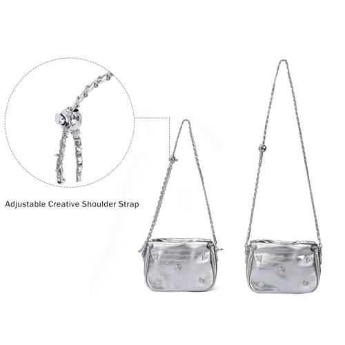 Image of Womens Y2k Sparkly Silver Handbag with Bead Chain, Metallic Clutch Satchel Leather Shoulder Bag Purse for Wedding Party Prom
