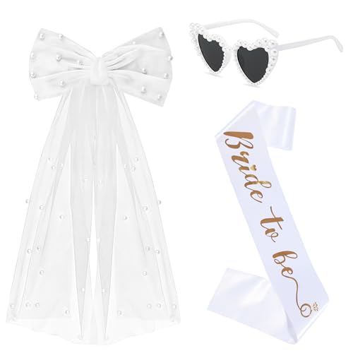 Acessórios de despedida de solteira, kit despedida de solteira branco com véu noiva Bride to Be faixa de coração acessórios despedida de solteira para decoração festa de noite de duche