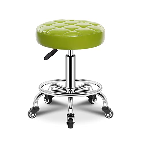 Taburete cosmético redondo de piel sintética con reposapiés y 5 ruedas, altura ajustable, hidráulico de 46 a 61 cm (verde)