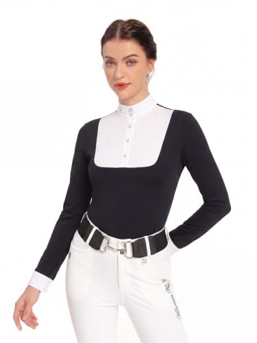 Image of Harrison Howard Women's Equestrian Long Sleeve Riding Top Show Shirt Patchwork Design, Navy, S