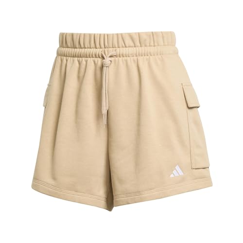adidas Women's Essentials Small Logo French Terry Cargo Shorts, Warm Sandstone/White, M