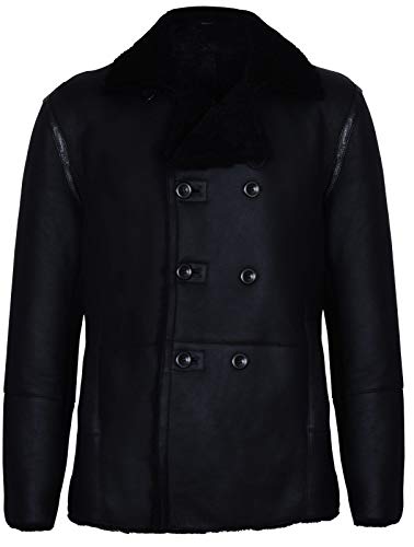 Mens Black German Double Breasted Real Sheepskin Shearling Leather Jacket Coat