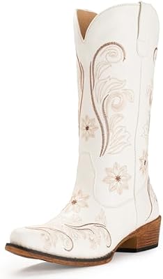IUV Cowboy Boots for Women - Embroidered Mid Calf Cowgirl Boots with Snip Toe and Pull-On Tabs