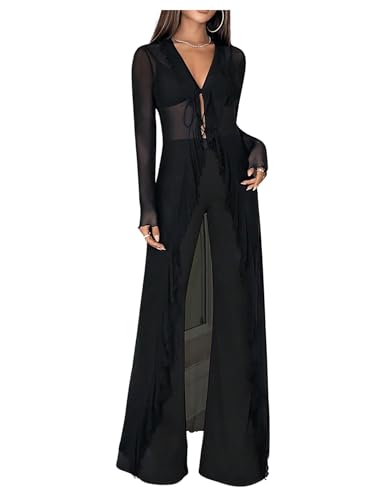 Image of GORGLITTER Women's Sexy Tie Front Goth Cardigan Sheer Mesh Long Sleeve Y2k Tops