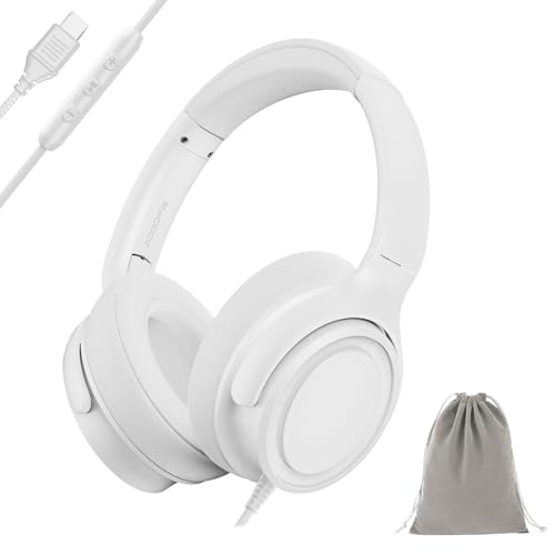 ADOOPE USB-C �L���I�[�o�[�C���[�w�b�h�z�� �}�C�N�t�� �v���~�A������ �m�C�Y�A�C�\���[�V�����C���[�J�b�v iPhone 15/16 Samsung S24/S23 Type-C�f�o�C�X�Ή� �L�����[�|�[�`�t�� (�z���C�g)