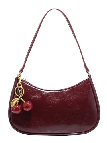 RoseSeek Womens PU Leather Shoulder Bag Zipper Top Shoulder Purse Cute Underarm Bag Burgundy One Size