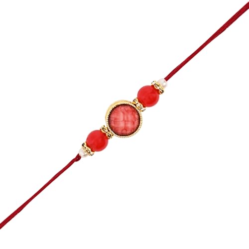 Image of I Jewels Designer Kundan Pearl beaded Bhaiya Bhabhi Lumba Rakhi Bracelet Combo Set With Roli Chawal & Rakshabandhan Greeting Card