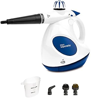 Polti Vaporetto First, Pistola de Vapor con Caldera y Tapón de Seguridad, Caldera de Alta Presión hasta 3 Bar, 5 Accesorios Incluidos, Blanco y Azul