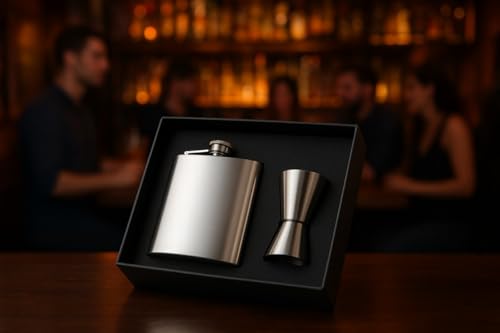 Image of Hip Flask with Peg Messurer Wine Flask Gift Set for Men & Women Stainless Steel (60ML+30ML Peg Messurer + Whiskey Flask) (Silver)