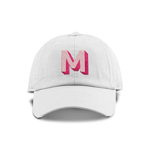 Monogram Initial Modern Shadow Letter Baseball Cap - Toddler, Youth Kids, and Adult Adjustable White Hat with Pink Letter (2-5 Toddler Size, M)