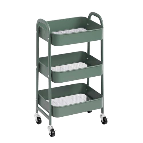 AGTEK 3 Tier Utility Rolling Cart with Lockable Wheels, Metal Multifunctional Storage, Organizer Cart for Kitchen, Office, Living Room, Makeup, Craft, Art Studio, Olive Green