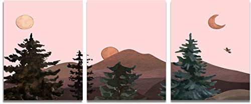 Landscape Wall Art, Mountains Evergreen Pine Tree Forest Watercolor Prints, Abstract Sun Moon Wall Décor 3 Panel Unframed 11X14 Green, Pink, Purple for Boho, Minimalist, Modern and Contemporary Décor.