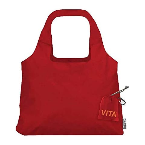 ChicoBag VITA Reusable Shopping Bag with Attached Pouch and Carabiner Clip, Compact, Designer Shoulder Tote, Red Cover