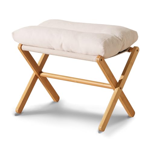 Baveke Ottoman Foot Rest- Bamboo Foldable Stool, Foot Stools Small Ottman with Upholstered & X Legs, Folding Stool for Makeup, Bedroom and Living Room (Large Beige)