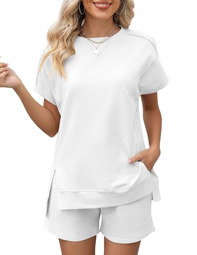 Image of LOMON Womens Fashion 2 Piece Outfits Sweatsuits 2026 Summer Short Sleeve Loungewear Tracksuit Round Neck Lounge Shorts Sets