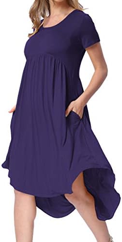 Women's Pockets High Low Pleated Loose Swing Casual Midi Dress