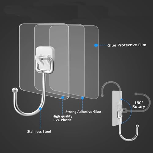 Zesc-Im 10PCS Self Adhesive Hooks, Upgraded 35 lb/15kg (Max) Strong Sticky Hooks for Hanging Heavy Duty, Damage Free Large Size Clear Stick on Hook for Home Bathroom Kitchen and Office