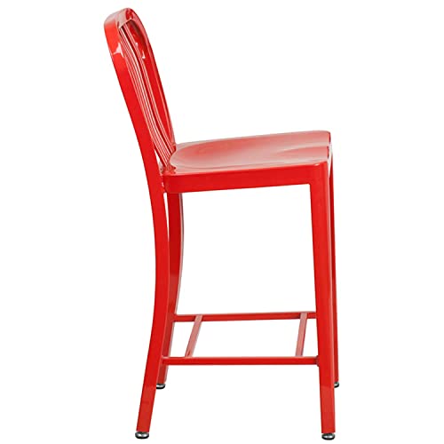 Flash Furniture Commercial Grade 24" High Red Metal Indoor-Outdoor Counter Height Stool With Vertical Slat Back #TOP2