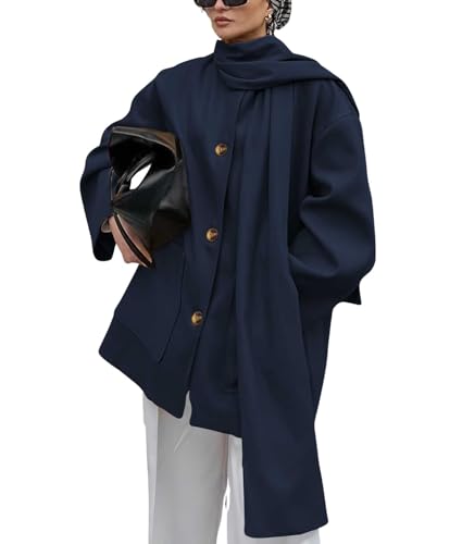 chouyatou Women's Casual Single Breasted Wool Coat with Scarf Office Work Wool Blend Trench Pea Coat Overcoat