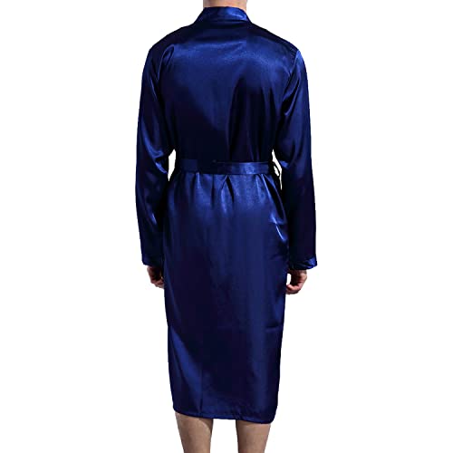 Previn Men's Silk Robe Satin Kimono Robe Long Spa Bathrobes Luxurious Long Sleeve Bath Robe Loungewear Sleepwear With Pockets Blue 2Xl #TOP3