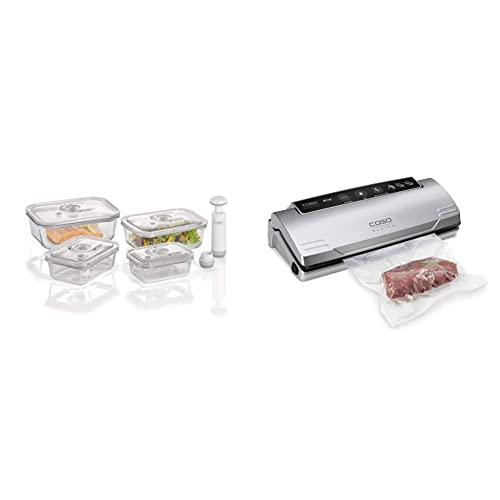 CASO VacuBoxx E-Set - 4 extrem stabile eckige Vakuumbehälter & VC10 Vakuumierer - Vakuumiergerät, Lebensmittel bleiben vakuumiert bis zu 8x länger frisch, 30cm lange & stabile Schweißnaht