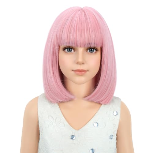 Image of PATTNIUM Light Pink Bob Wig for Girls Short Bob Wig with Bangs Synthetic Heat Resistant Wig with Wig Cap