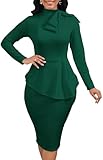 Women's Fashion Peplum Bodycon Dresses Long Sleeve Bow Club Ruffle Pencil Night Out Knee Length Christmas Dress Green