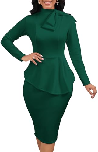 Image of WanMem Women Formal Bodycon Peplum Cocktail Dress Short Sleeve Bow Ruffle Pencil Party Midi Dresses