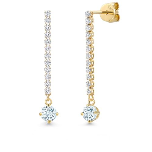 Gem Stone King 14K Yellow Gold Gemstone Birthstone and White Lab Grown Diamond Long Liner Dangle Earrings for Women | Round 4MM | Yellow Gold Chain Drop Earrings