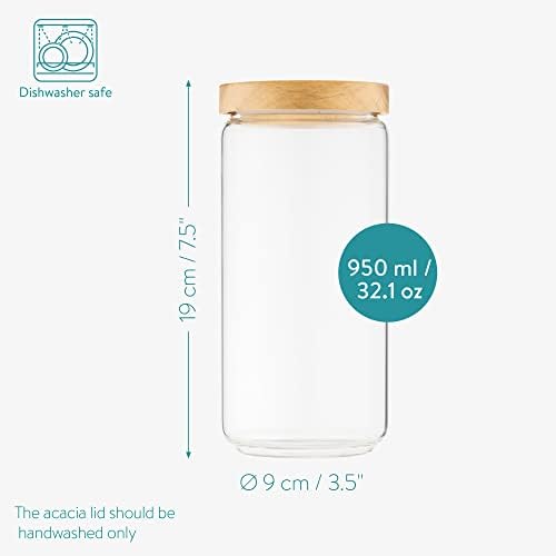 Navaris Glass Storage Jars 950ML (Set of 3) - Airtight Food Containers with Wooden Lids - Tall Slim Cylinder Canister Design for Kitchen Dry Goods