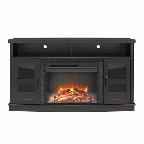 Image of Ameriwood Home Barrow Creek Fireplace Console with Glass Doors for TVs up to 60 inch, Black Oak