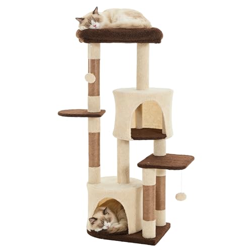 45.3-inch Multi-Level Cat Tree Tower with 3 Soft Platforms & 2 Cat Caves, Fully Wrapped Sisal Scratching Post for Indoor Cats, Dangling Toy, Brown