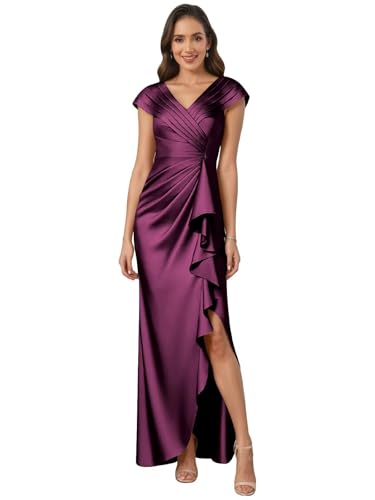 Satin Mother of The Bride Dresses for Women V-Neck Ruffle Long Formal Wedding Guest Dress with Slit