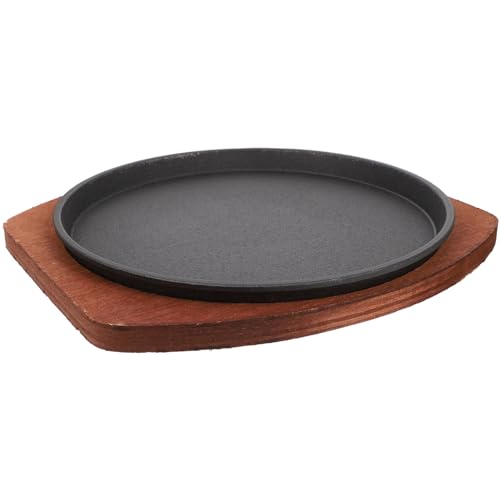 HOLIDYOYO Pequeño Redonda Placa de Hierro Fundido Antiadherente para Parrilla Base de Madera para Asar Carne Verduras Desayunos para Cocina Casera Restaurantes 19cm