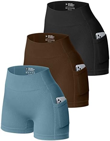 OQQ Women's 3 Piece Athletic Shorts Ribbed Seamless Workout High Waist Shorts with Pockets Black Coffee Blue