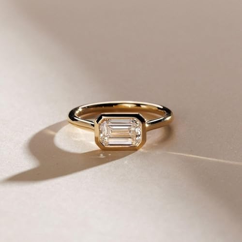 2Ct Emerald Cut Moissanite Engagement Ring 14k Yellow Gold East West Solitaire Ring Dainty Minimalist Promise Statement Jewelry Gift for Wife4