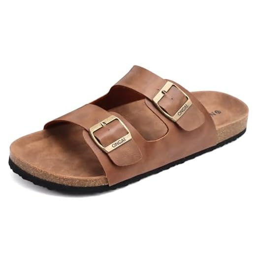 ONCAI Men's-Slide-Sandals-Beach-Slippers-Slippers Shoes Indoor and Outdoor Anti-skidding Flat Cork Sandals and Classic Summer Beach Slippers with Two Adjustable Straps Size 10