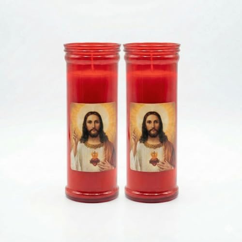 2x Vela Religiosa Roja del Sagrado Corazón de Jesús (15 cm) | Velón en Vaso de Plástico Resistente al Calor para Altar Doméstico e Iglesia | Sin Fragancia, 220g (Duración 20-30h)