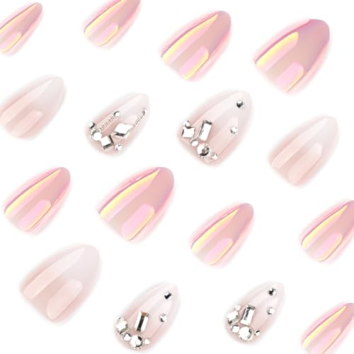 Image of Short Almond Press on Nails Chrome Fake Nails White Ombre Nails Press ons | White Gradient French Tip with Rhinestone Design Nude Full Cover Glossy Shiny Stick on Nails for Women Manicure 24Pcs