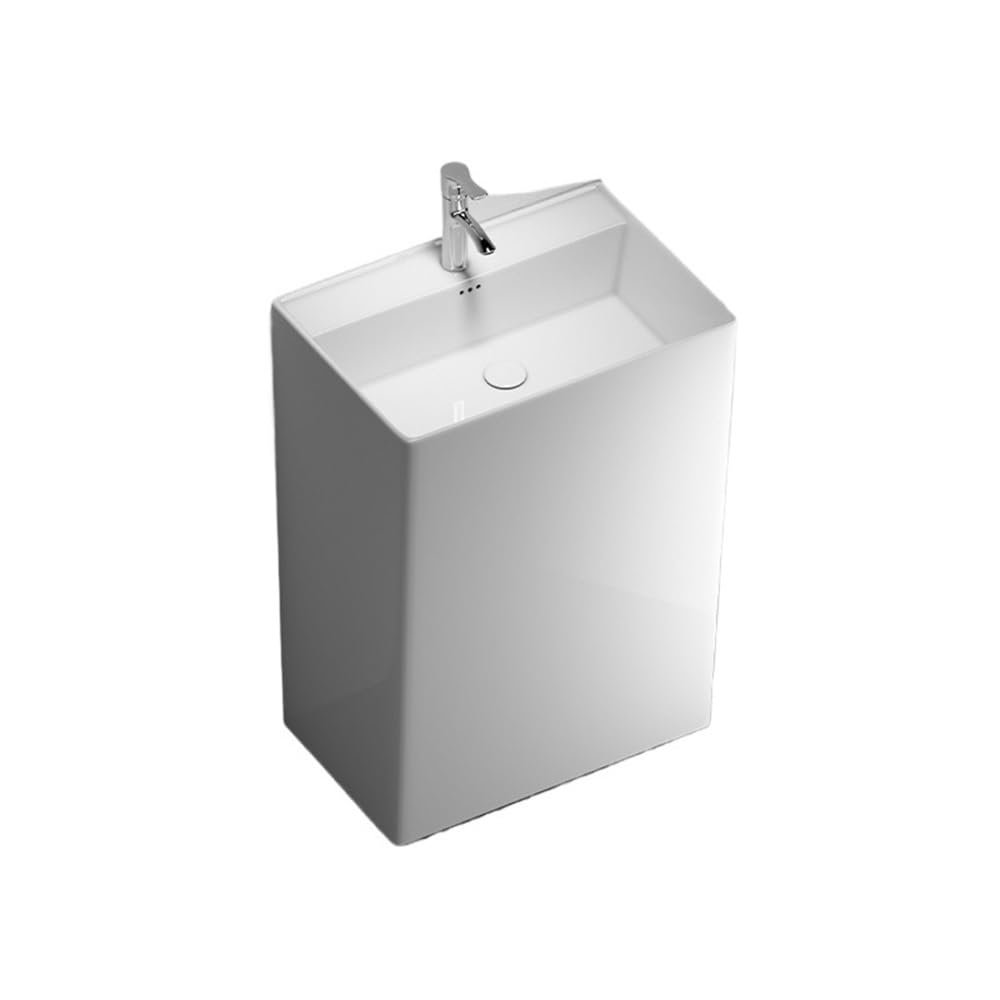 Free-Standing Modern White Bath Porcelain Pedestal Sink Combo One Piece with Silver Faucet and Drain Kit Lavatory Column