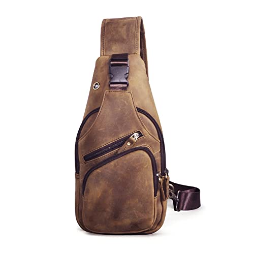 Le'aokuu Men Fashion Casual Tea Designer Travel Hiking Crossbody Chest Sling Bag Rig One Shoulder Strap Bag Men Leather 80152