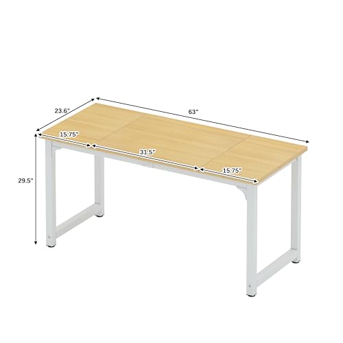 Image of NSdirect 63 inch Computer Desk,Large Home Office Desk Wide Workstation 1 inch Thicker Tabletop for Writing,Games and Home Work PC Desk Modern Finish Wood Board and Sturdy Steel Legs,Oak+White