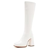 ZXHYZLZ White Wide Calf 70s Gogo Boots for Women Plus Size – Tall Knee High Square Toe Chunky Heel Retro Boots Size 11W