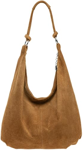 Caspar Große Damen Vintage Veloursleder Tasche Samtweiche Schultertasche aus Leder - CLASSIC LINE - Modell No.617 - Made in Italy, Farbe:Karamell Braun
