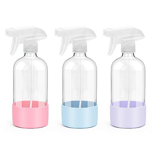 Rionisor Glass Spray Bottles with Silicone Sleeve Protection, Empty 16 oz Refiilable Containers, Reusable Spray Bottles with 