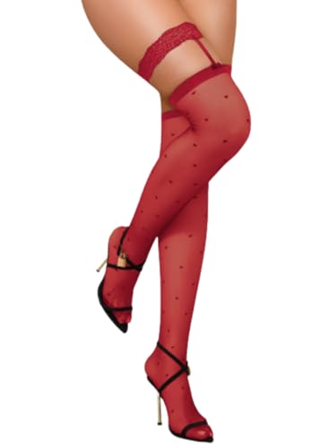 Image of ShawGobow Heart Thigh High Stockings,Petite Size Sheer Mesh Garter Stocking,Sexy Knee Highs For Women Vday Date Fits 00-6