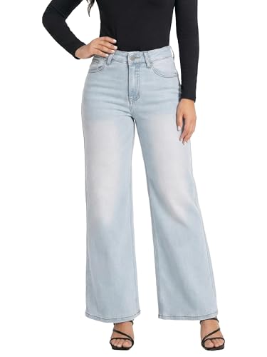 ONESO High Waisted Stretchy Women Wide Leg Jeans Buckle Baggy Pants Underwear Lady Trouser Wide Leg Jeans for Women