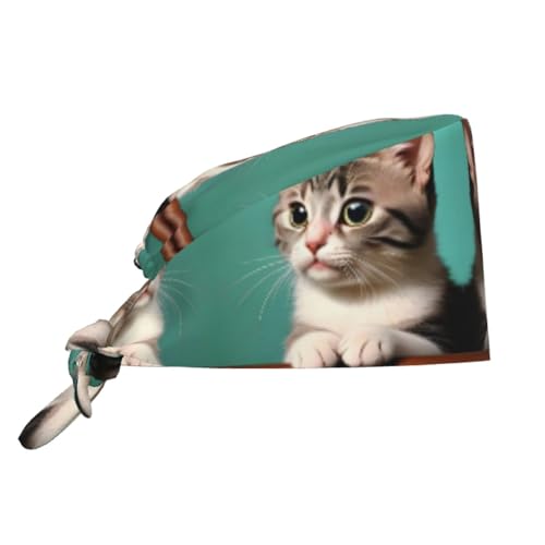 YYHHAOFA Breathable Work Hat A Curious cat Printed for Chef, Nursing, Spa, Facial Care, Fitness Black