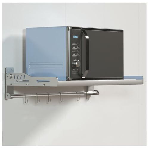 Soporte de pared para microondas, estante de horno microondas de acero inoxidable con ganchos, soporte plegable para ollas y sartenes, estante de almacenamiento de cocina para ahorrar espacio